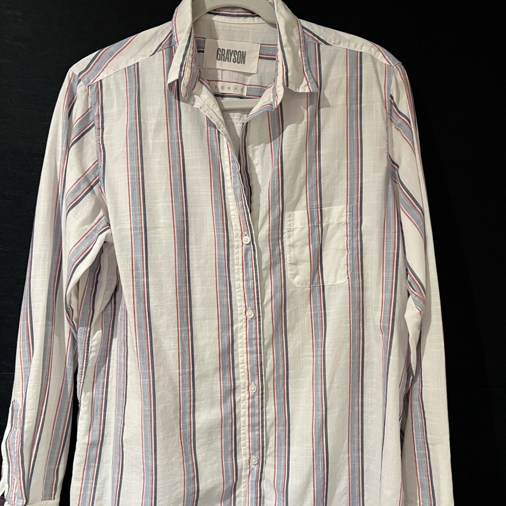 Grayson Women’s Striped Casual Button Down Shirt - White, Blue, and Red